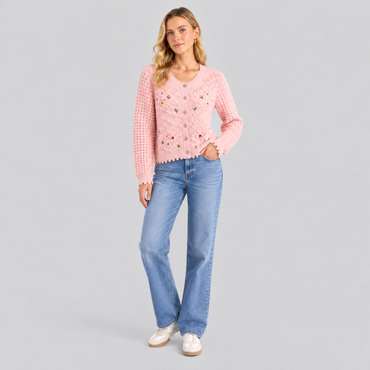 Open-Knit Cardigan With Embroidered Flowers