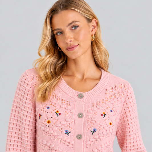 Open-Knit Cardigan With Embroidered Flowers