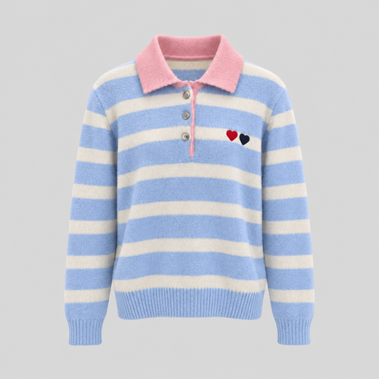 Striped Wool Polo Sweater With Heart Embroidery