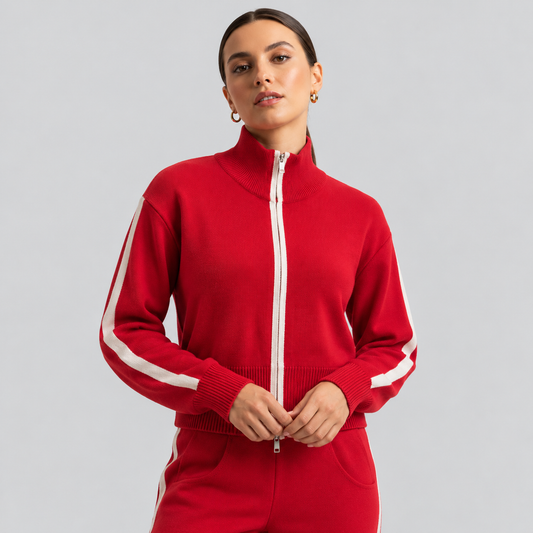 Red Wool Knit Track Set With White Stripes