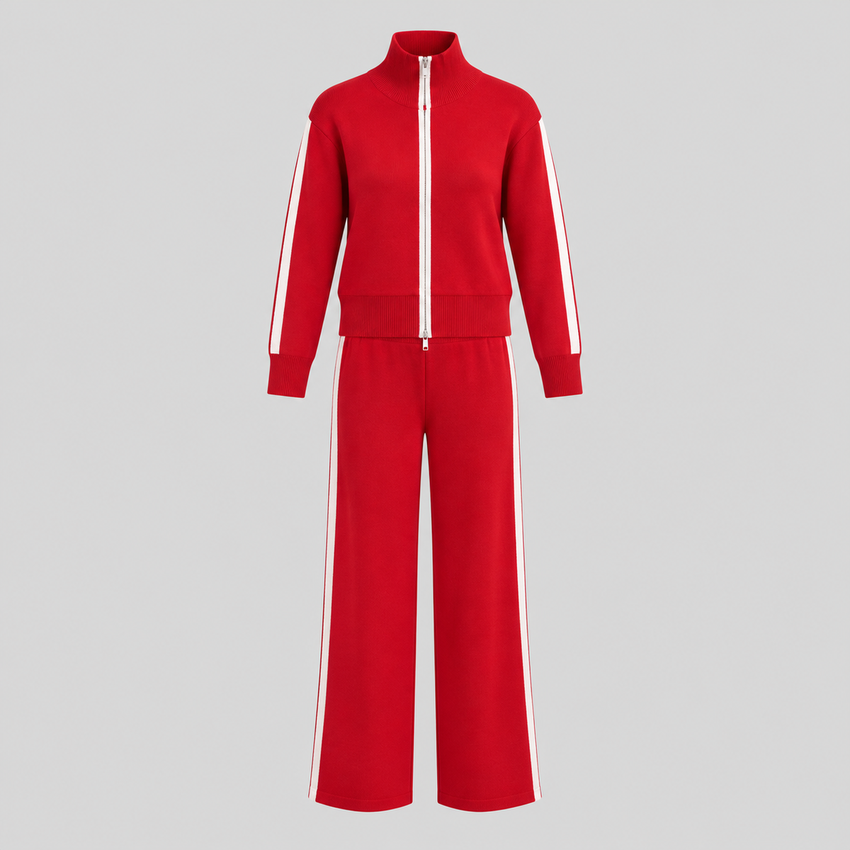Red Wool Knit Track Set With White Stripes
