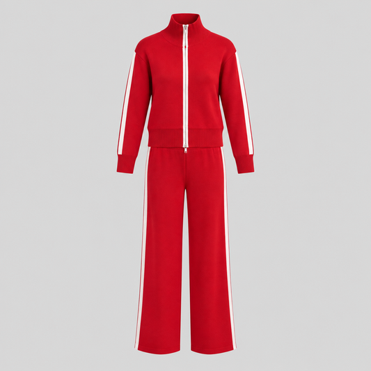 Red Wool Knit Track Set With White Stripes