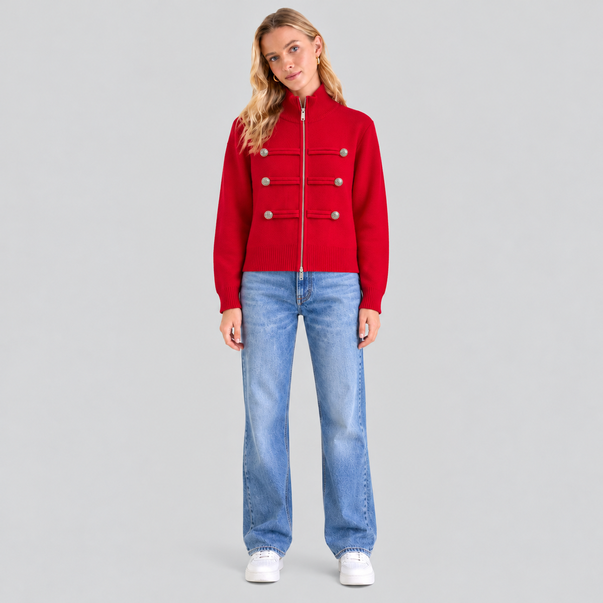 Military-Style Zip Knit Cardigan