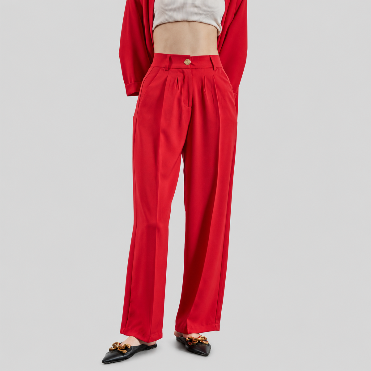 Red Pleated Wide-Leg Pants