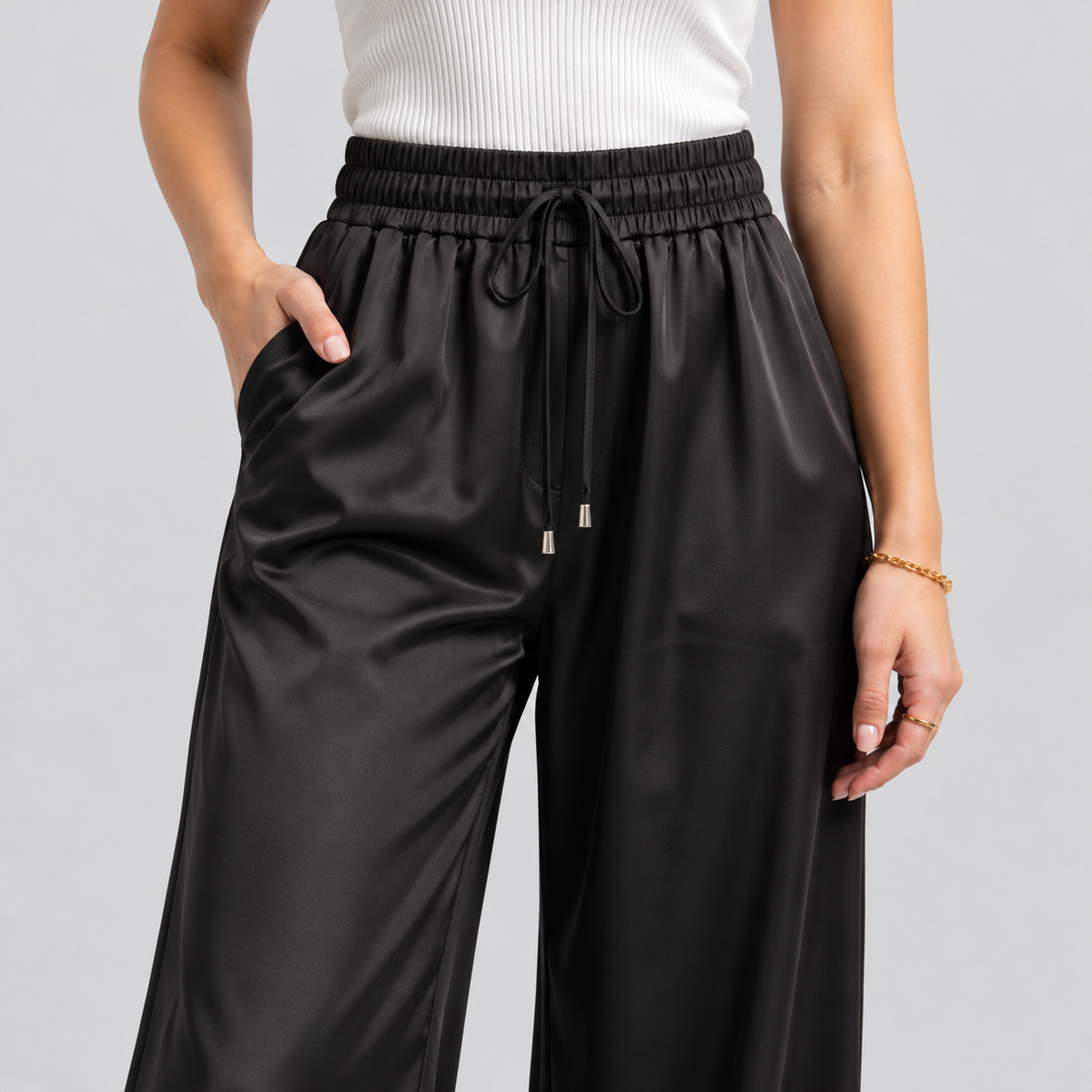 Black Satin Drawstring Straight-Leg Pants
