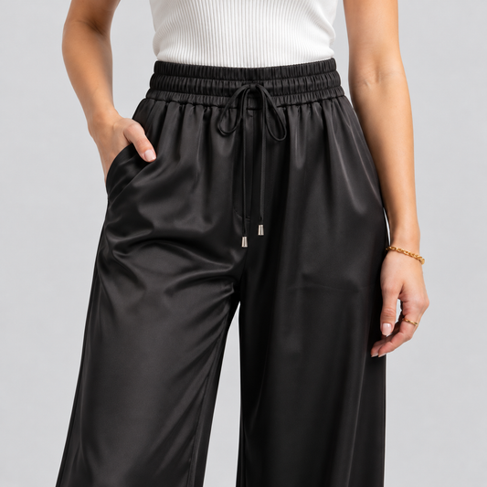 Black Satin Drawstring Straight-Leg Pants