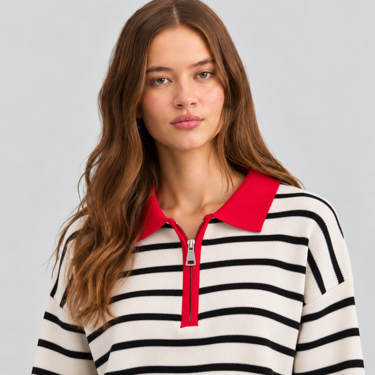 Striped Quarter-Zip Knit Sweater With Red Collar