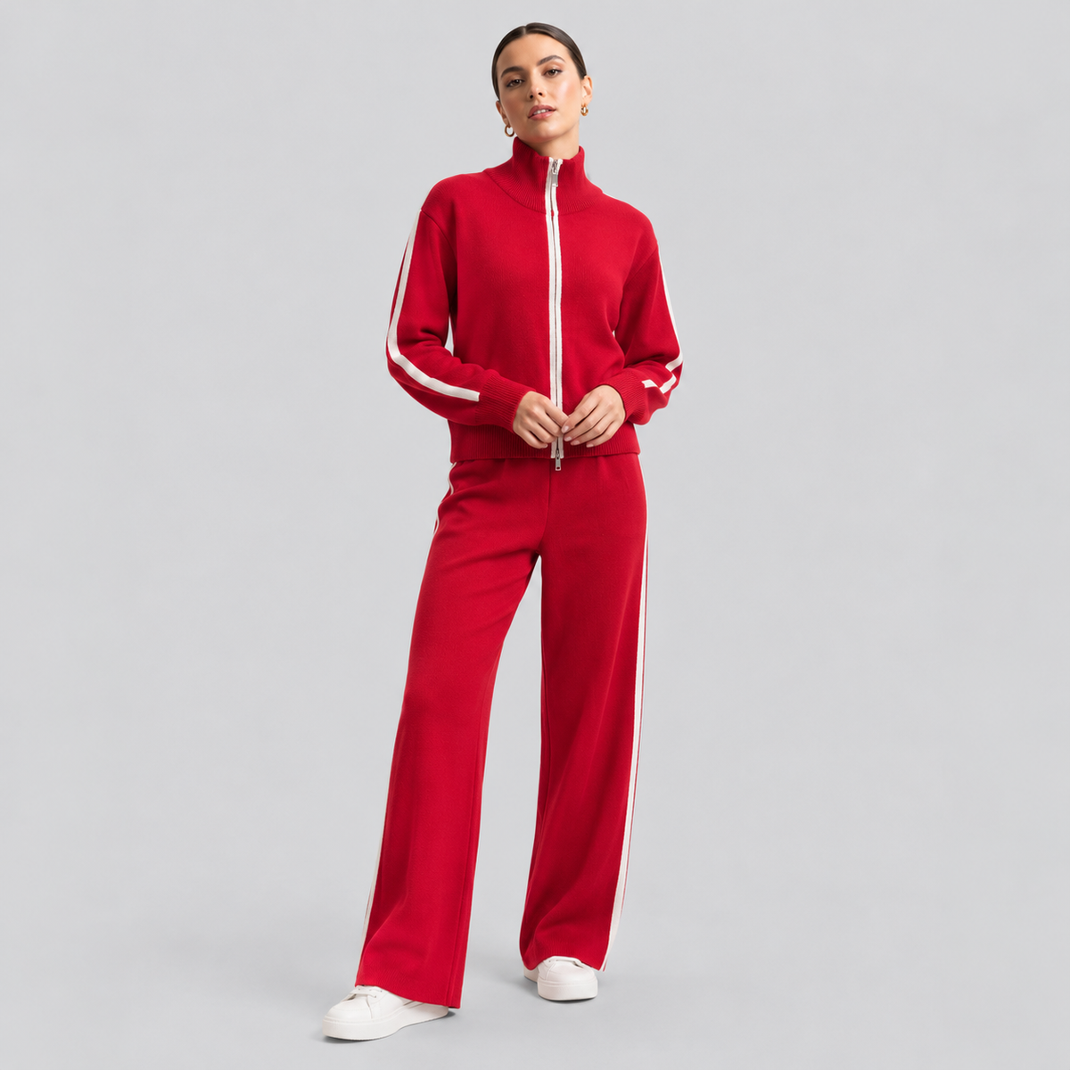 Red Wool Knit Track Set With White Stripes