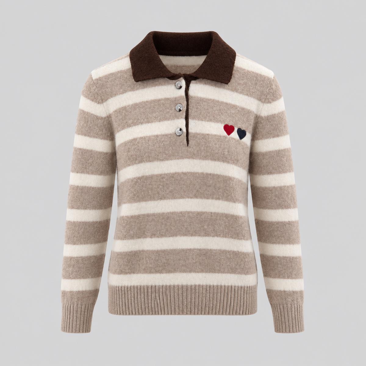 Striped Wool Polo Sweater With Heart Embroidery