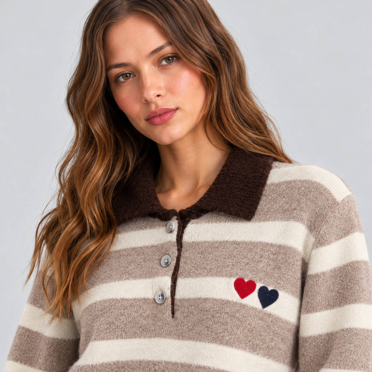Striped Wool Polo Sweater With Heart Embroidery