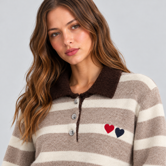 Striped Wool Polo Sweater With Heart Embroidery
