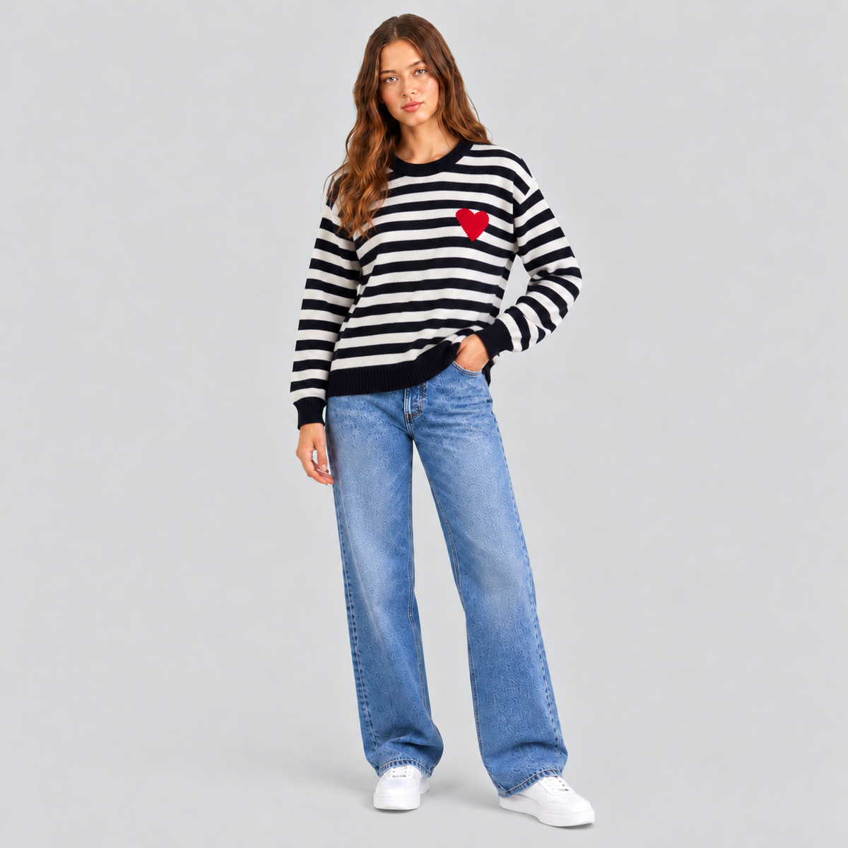 Striped Knit Sweater With Red Heart