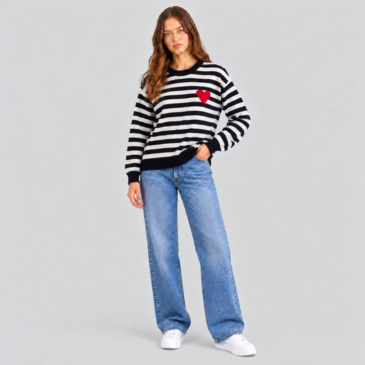 Striped Knit Sweater With Red Heart