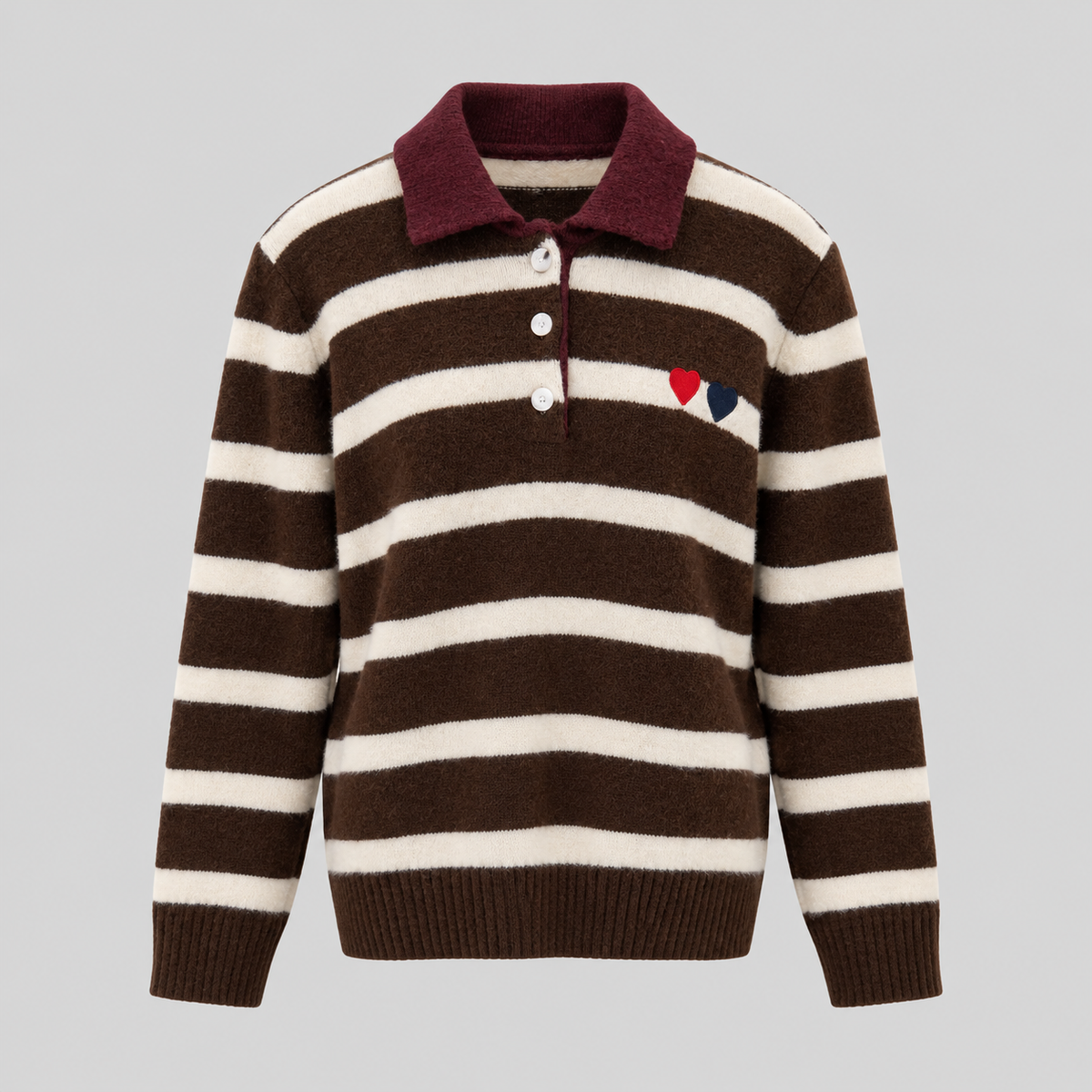 Striped Wool Polo Sweater With Heart Embroidery