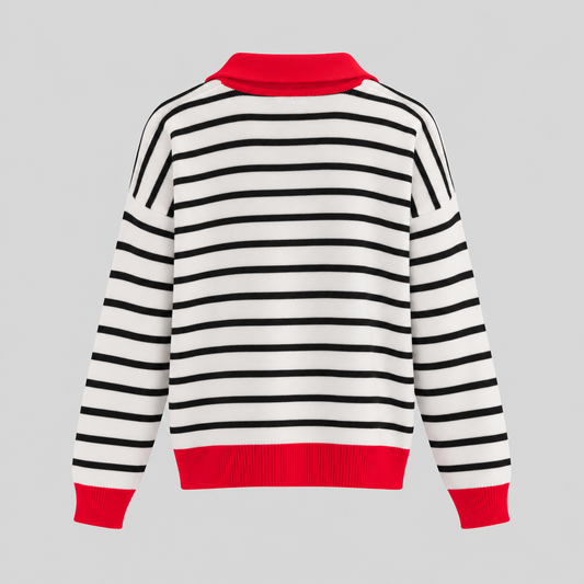 Striped Quarter-Zip Knit Sweater With Red Collar