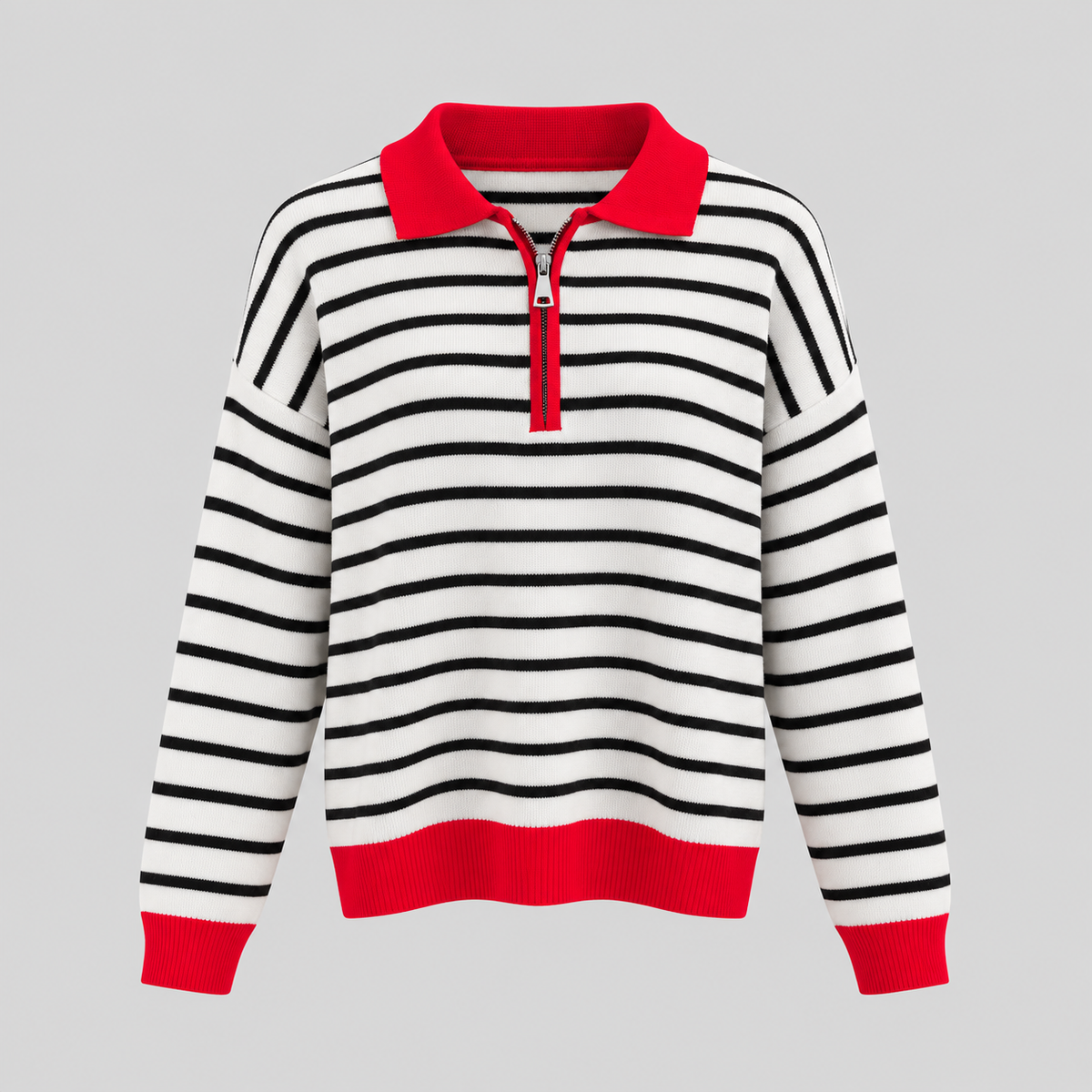 Striped Quarter-Zip Knit Sweater With Red Collar