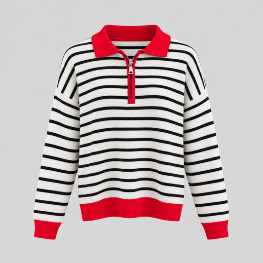 Striped Quarter-Zip Knit Sweater With Red Collar
