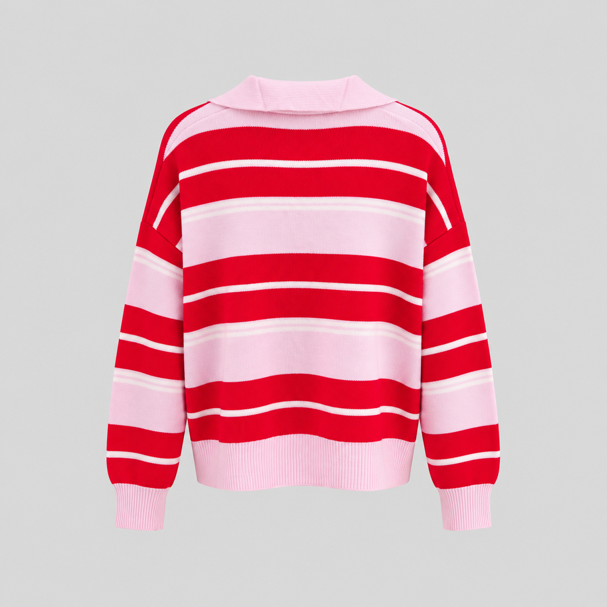 Striped Wool Polo-Collar Sweater In Red And Pink