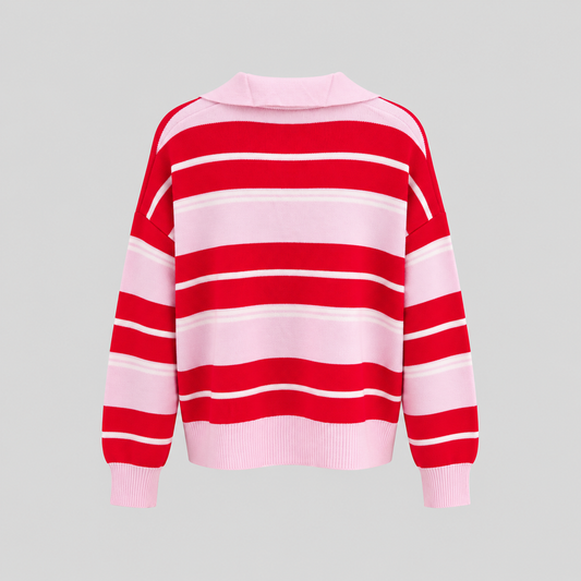 Striped Wool Polo-Collar Sweater In Red And Pink