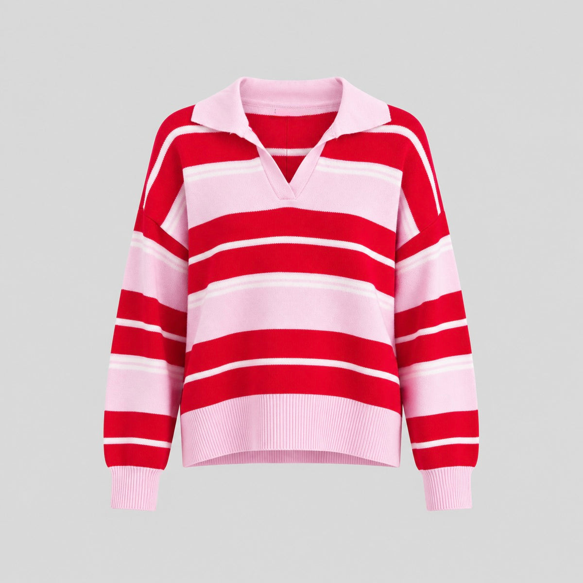 Striped Wool Polo-Collar Sweater In Red And Pink