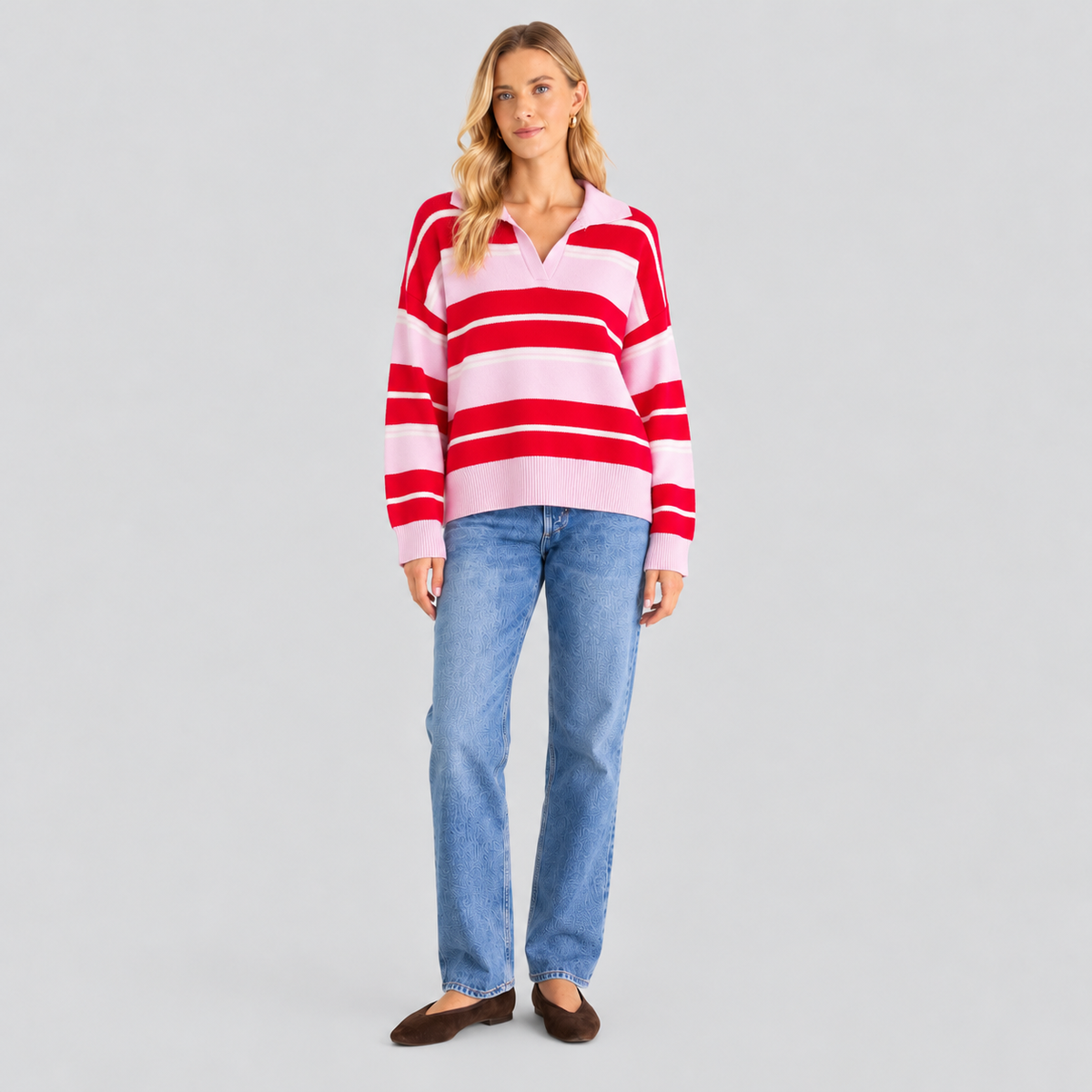 Striped Wool Polo-Collar Sweater In Red And Pink