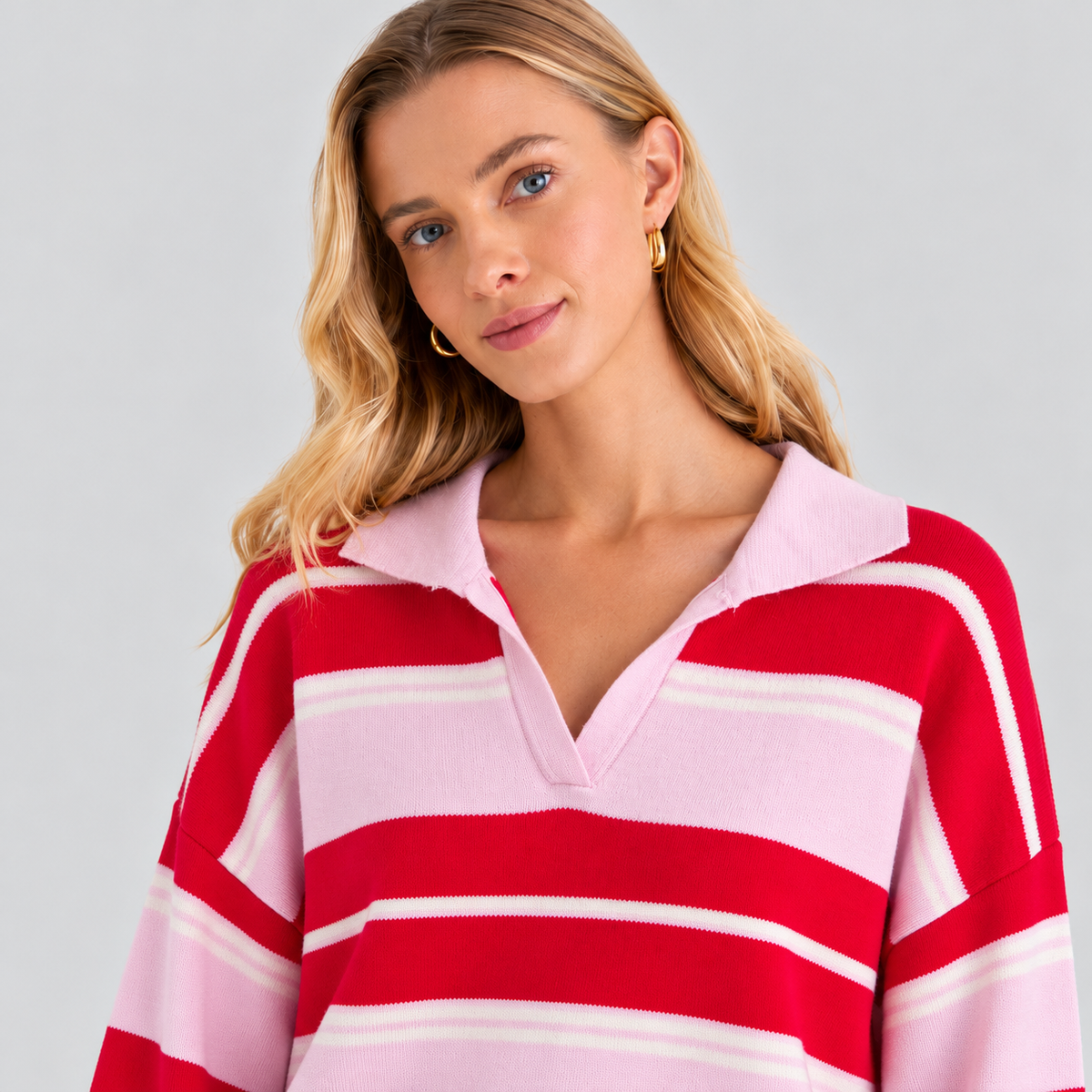 Striped Wool Polo-Collar Sweater In Red And Pink