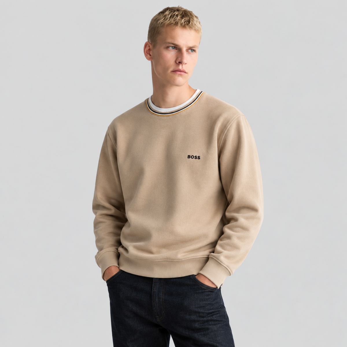 BOSS Striped-Collar Crew-Neck Sweatshirt