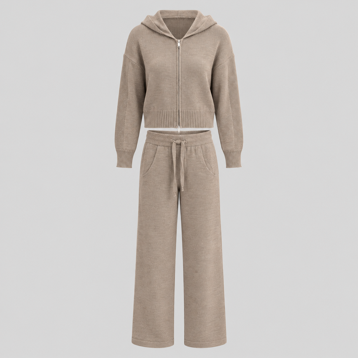 Wool Knit Hooded Zip Cardigan And Pants Set