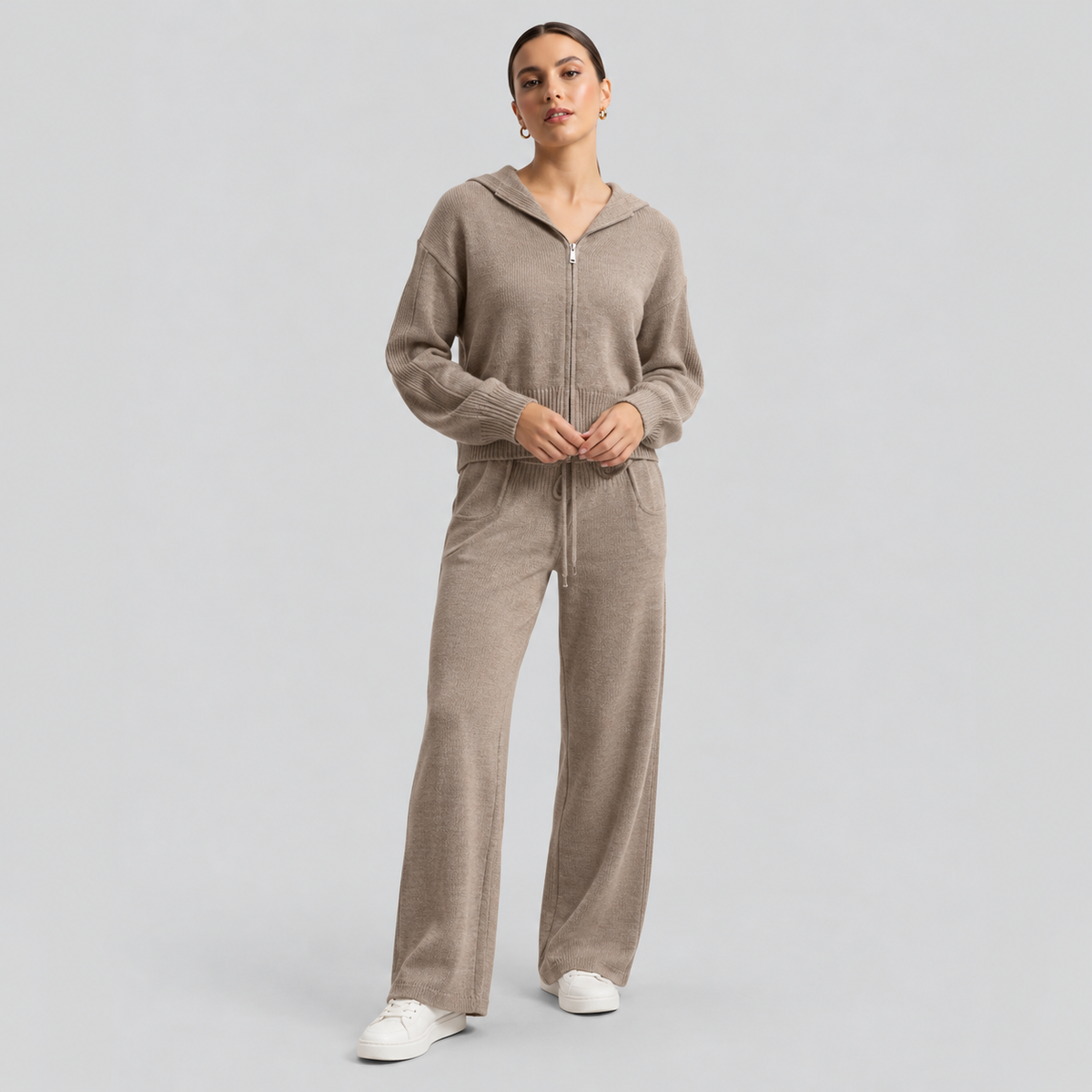 Wool Knit Hooded Zip Cardigan And Pants Set