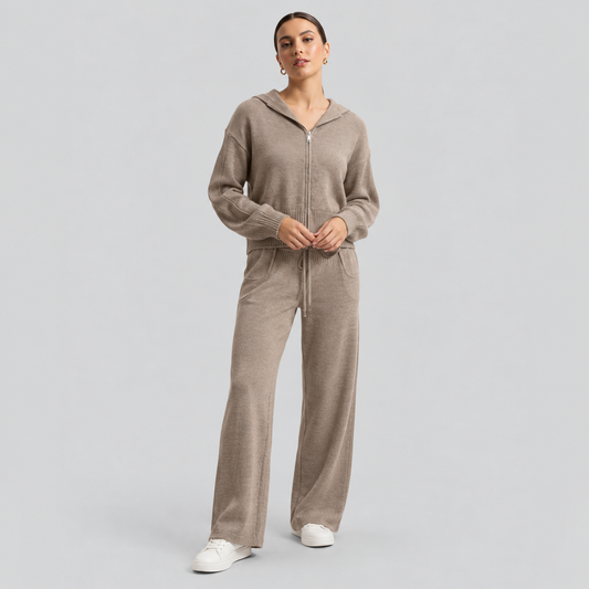 Wool Knit Hooded Zip Cardigan And Pants Set