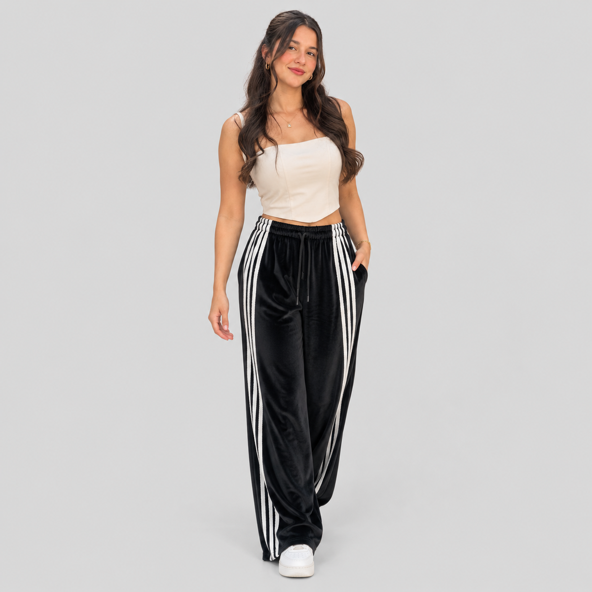 Black Velvet Wide-Leg Pants With Side Stripes