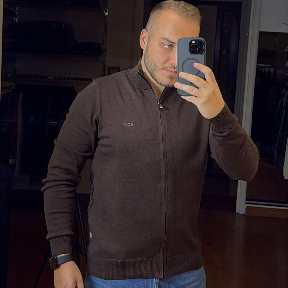 BOSS Knitted Zip-Up Cardigan in Cotton