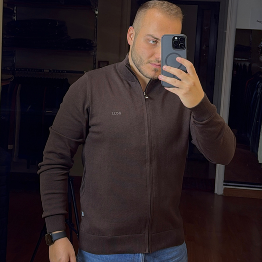 BOSS Knitted Zip-Up Cardigan in Cotton
