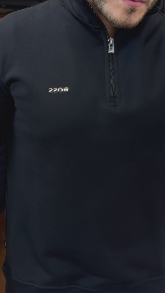 BOSS Zip-Neck Cotton Sweater With Logo Print