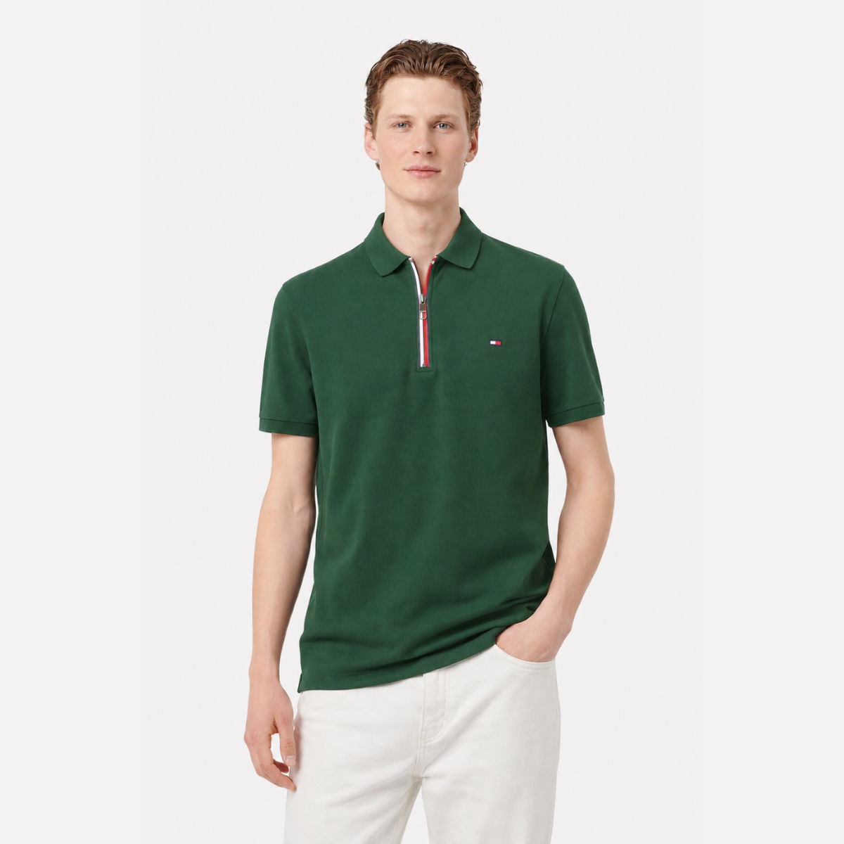 Tommy Hilfiger Cotton Red White and Blue Zipper Short Sleeve Polo T-Shirt