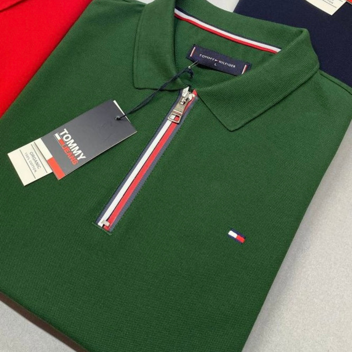 Tommy Hilfiger Cotton Red White and Blue Zipper Short Sleeve Polo T-Shirt